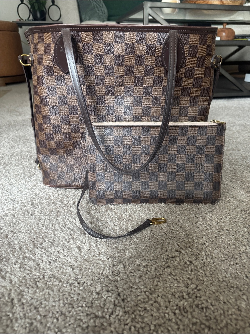 Louis Vuitton Brown Damier Neverfull Medium Tote with Matching Wristlet